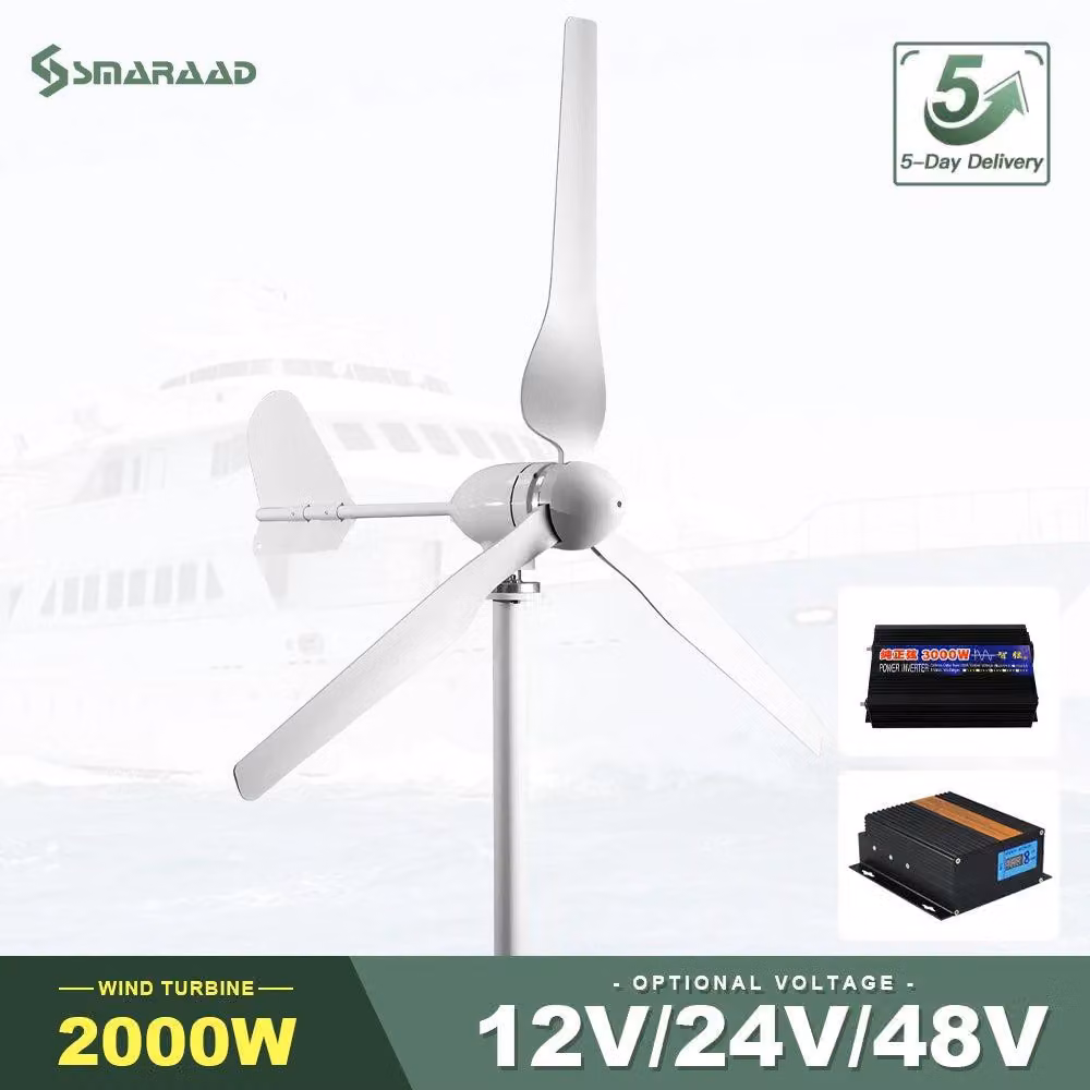 Generatore eolico da 2000W, 12V, 24V, 48V - Turbina eolica orizzontale con alloggiamento in alluminio