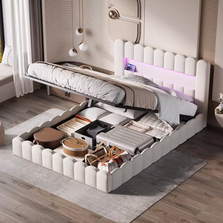 Letto imbottito 160x200 cm con contenitore, rivestito in lino color beige, design ispirato al tronco di un albero, sistema LED, prese USB e Type-C, spazio contenitivo, rete a doghe, senza materasso