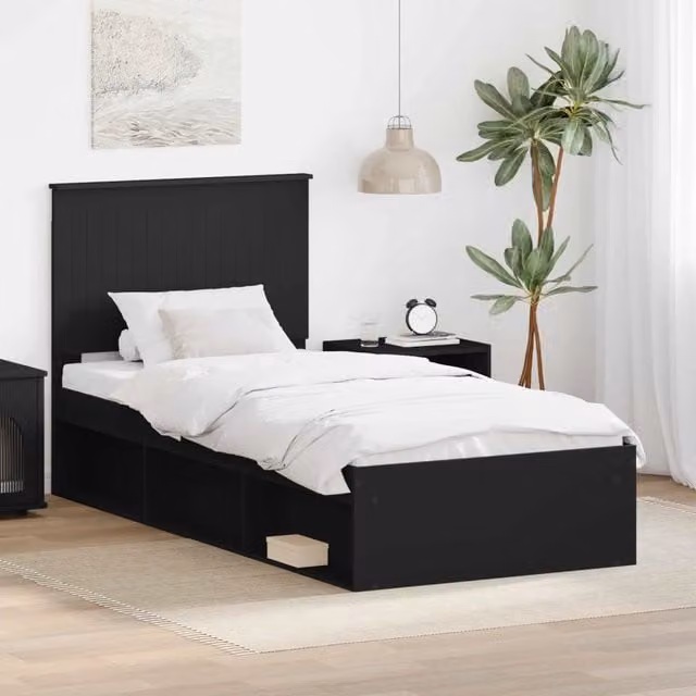 Struttura del letto con testiera-Giroletto con Testiera Nero 90 x 200 cm Pino massello 756575