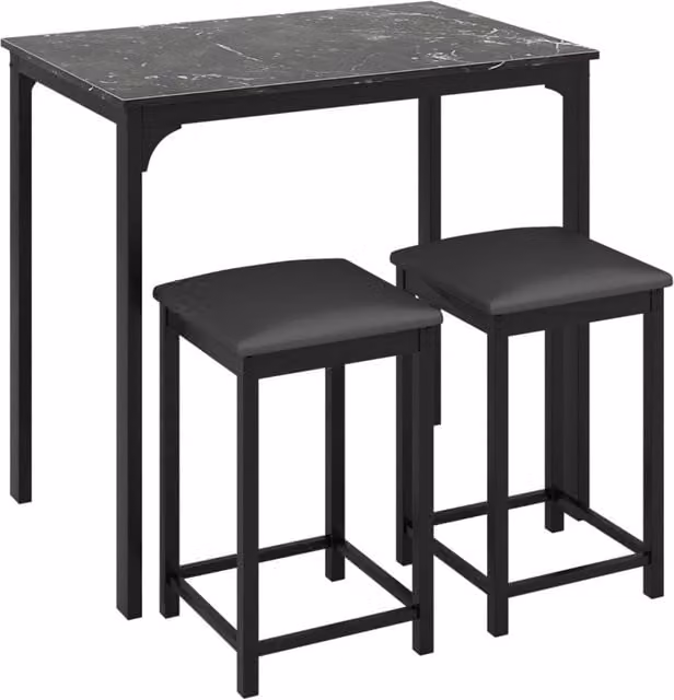 Set da bar moderno composto da tavolo rettangolare con piano effetto marmo e 2 sgabelli imbottiti con gambe in metallo, colore nero e marrone – 1