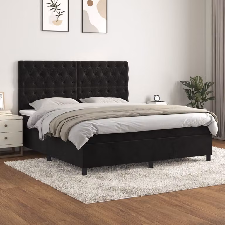 vidaXL Letto Ibrido con Giroletto a Molle e Materasso in Velluto Nero L/P/H: 160 x 200 x 128 cm