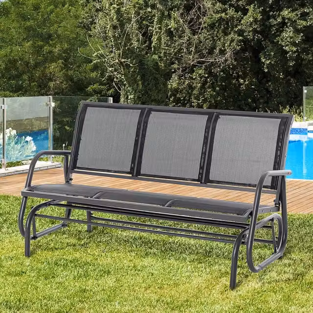 Dondolo da giardino a 3 posti con funzione oscillante struttura in metallo nero per giardino e terrazza 147 × 75 × 85 cm