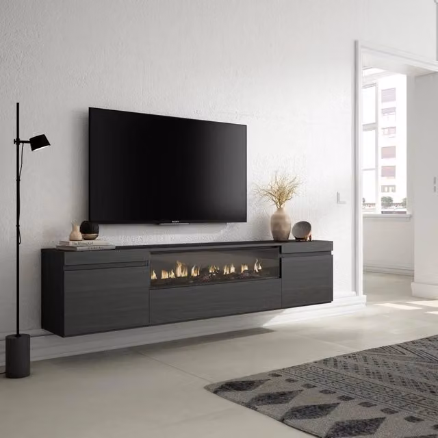 Mobile TV, 200x35x45cm, soggiorno, Per TV fino a 80", Camino elettrico, da appendere, Nero RF2189