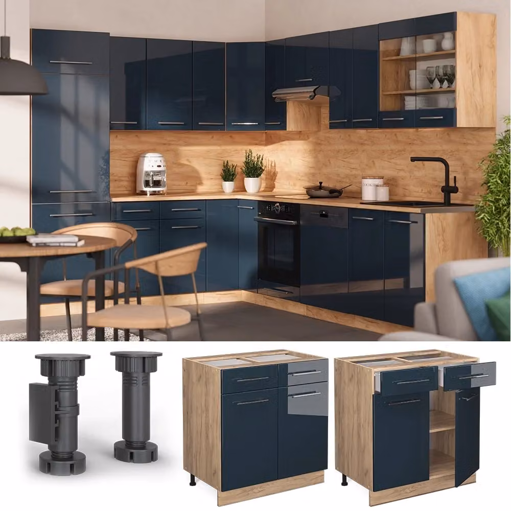 Mobiletto base per cucina Fame-Line Vicco Blu scuro lucido e Rovere dorato L: 80 cm senza piano di lavoro – 2