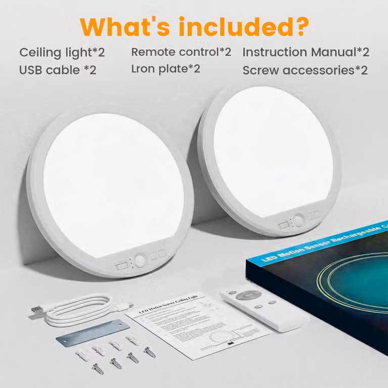 Lampada da soffitto a LED con batteria - Set da 2 - Sensore di movimento - Senza fili e ricaricabile - Dimmerabile - Ultraleggera - Bianca