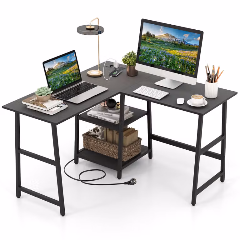 COSTWAY Scrivania a L, scrivania angolare con prese di corrente, porte USB e ripiani, scrivania per computer, scrivania per ufficio 120x120x75cm nero rustico
