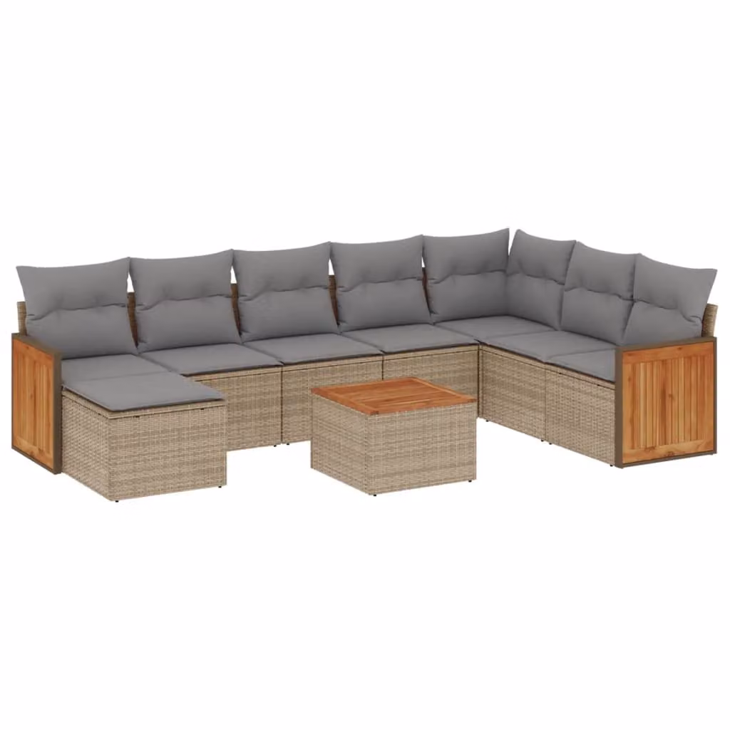 Set Divano da Giardino 9 pz con Cuscini Beige in Polyrattan