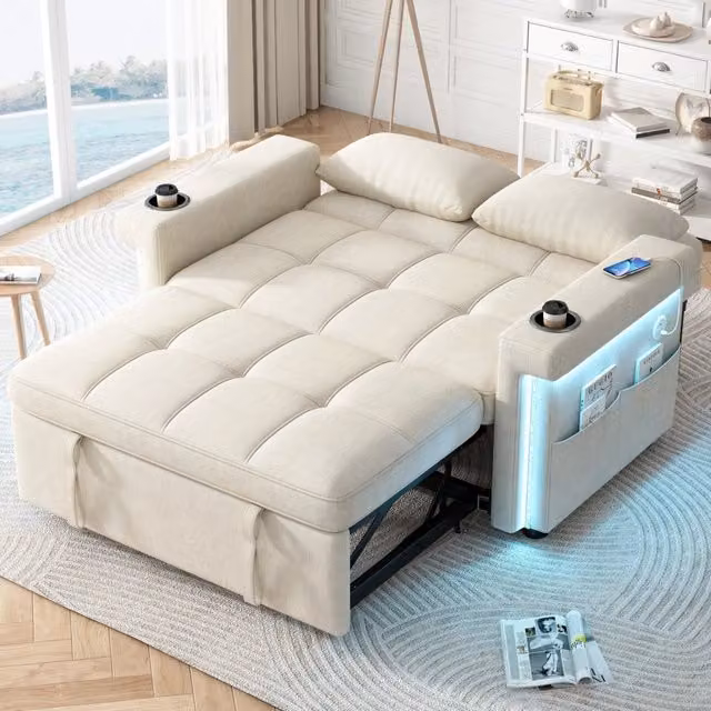 Divano letto MIVRAY a 2 posti in ciniglia beige con schienale regolabile, LED e porte USB Type-C, L: 145 cm, P: 90 cm, H: 76 cm