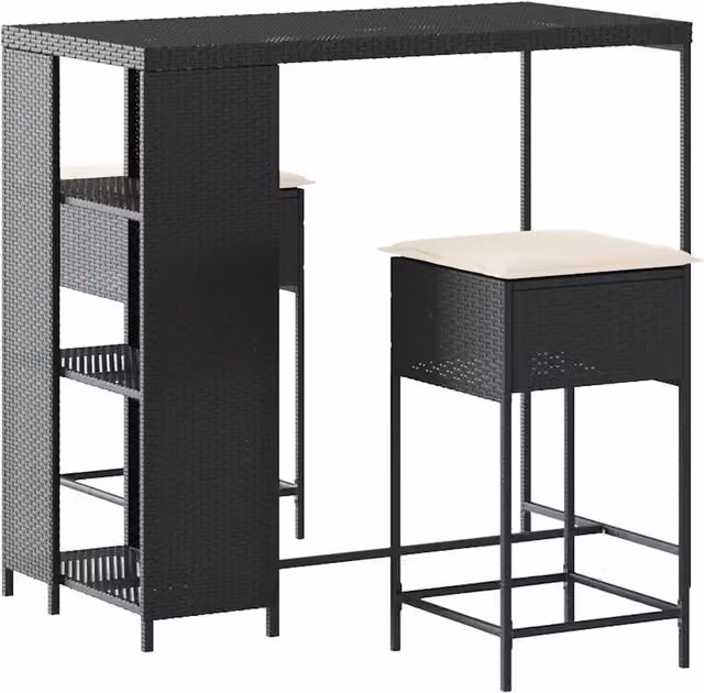 Set Bar da Giardino 3 pz | Set Salotto da Giardino con Cuscini in Polyrattan Nero