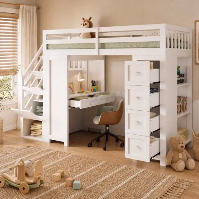 Letto a soppalco singolo OKWISH per bambini in legno e MDF bianco con scrivania, 6 cassetti, ripiani e scala, L/P/H: 200 x 90 x 175 cm