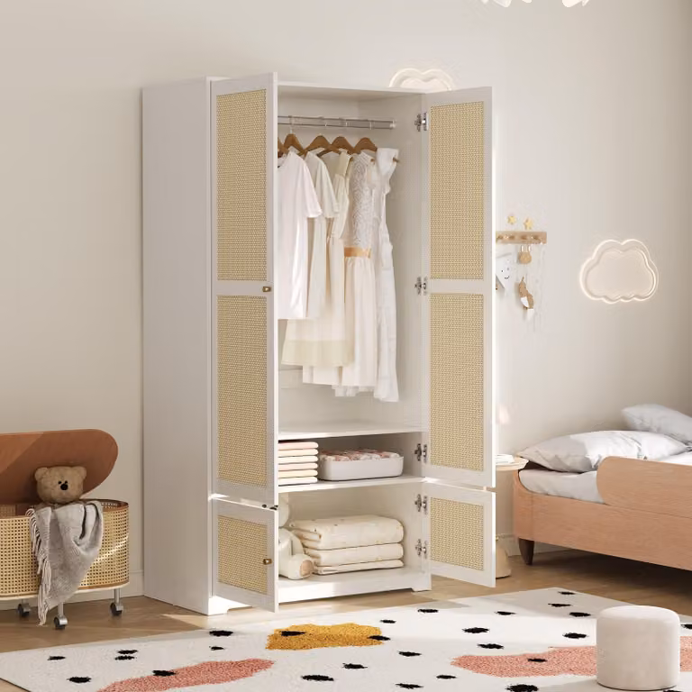 Armadio in rattan okwish, armadio contenitore con asta appendiabiti e ripiani, modello a due ante, armadio per camera da letto, bianco