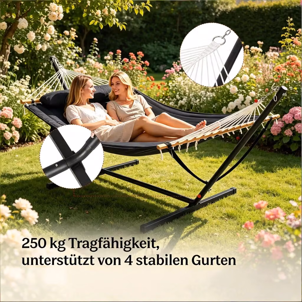 Amaca con telaio REDOM in metallo e poliestere resistente ai raggi UV, colore antracite, con cuscini inclusi, ideale per giardino e balcone – 2