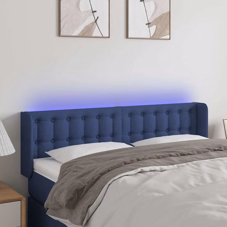 Testiera per letto vidaXL in tessuto blu con illuminazione LED integrata e porta di ricarica USB, L: 147 cm, P: 16 cm, H: 78-88 cm