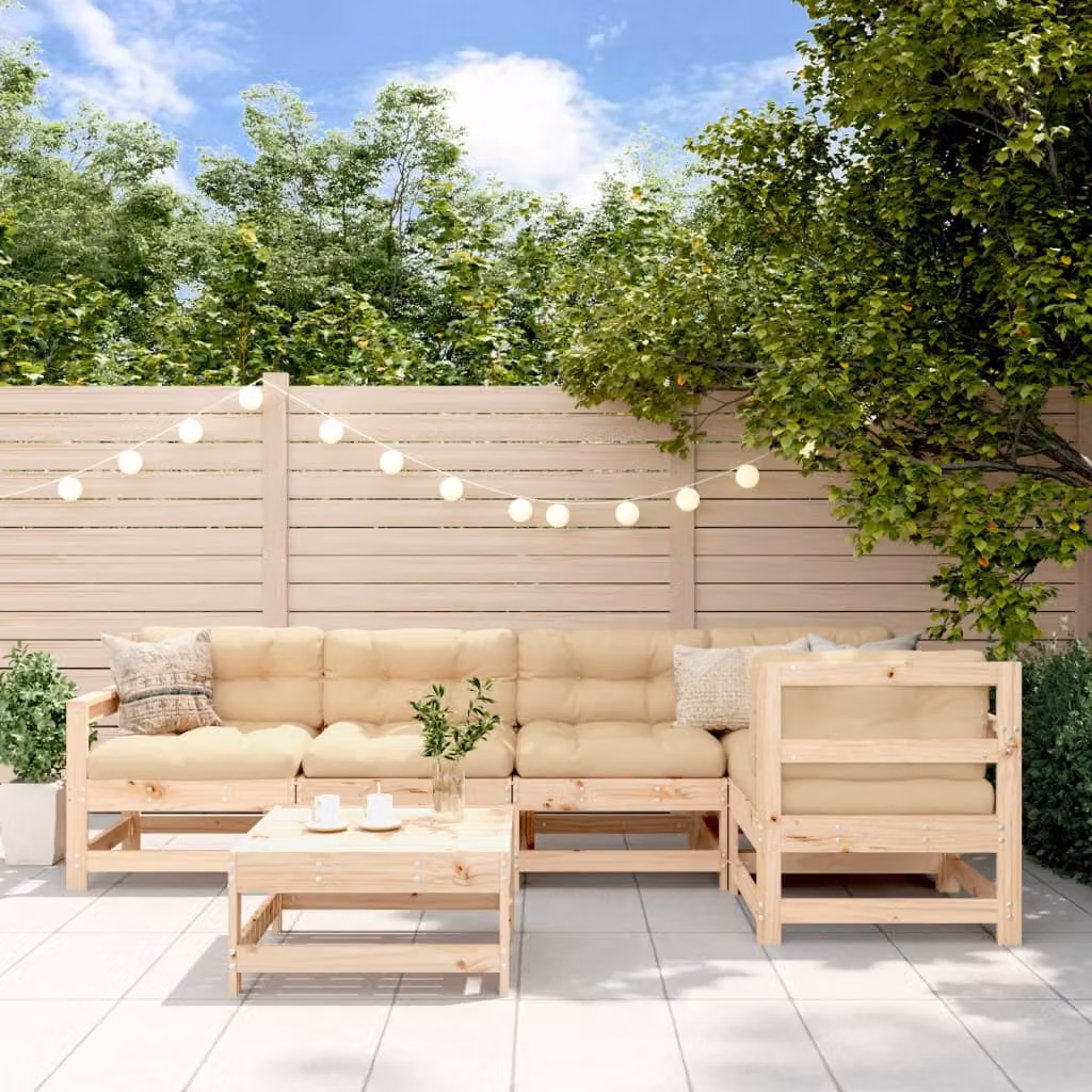 vidaXL Set di Divani da Giardino a L in Legno di Pino con Cuscini, 6 Pezzi, Marrone e Beige