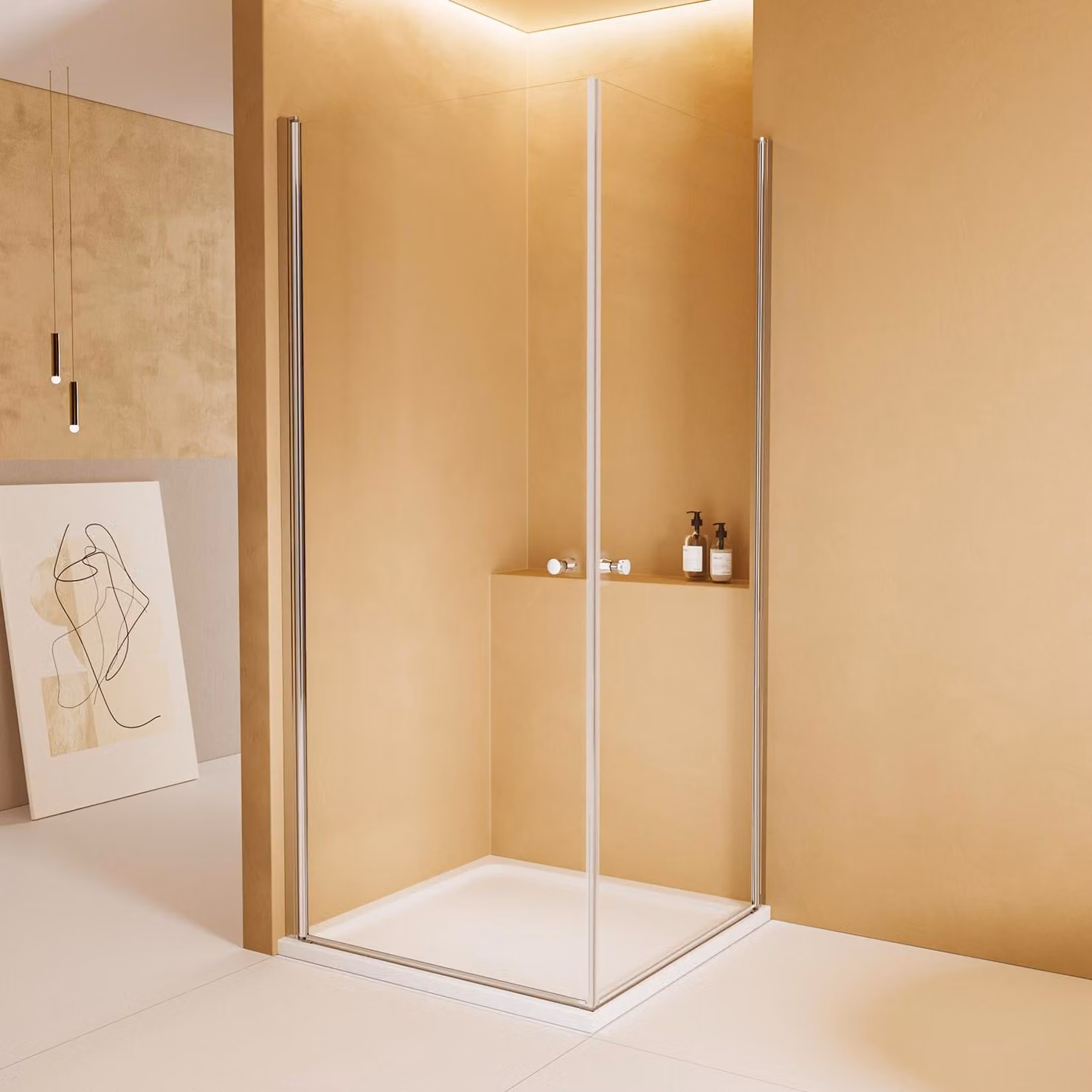 Cabina doccia EMKE 90x90 cm con ingresso angolare e 2 porte a battente, divisorio doccia con rivestimento nano, vetro di sicurezza ESG, funzione di sollevamento/abbassamento, altezza: 185 cm