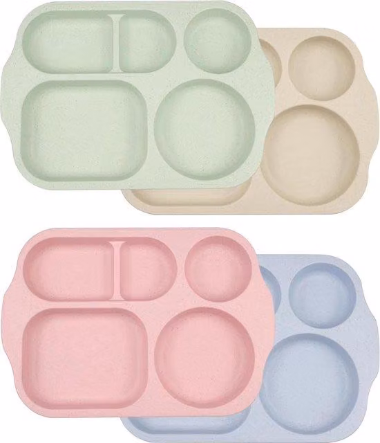 Set di piatti in plastica per bambini, 4 pezzi, con divisori, piatti infrangibili per bambini, plastica colorata, set da 5 pezzi per adulti e bambini