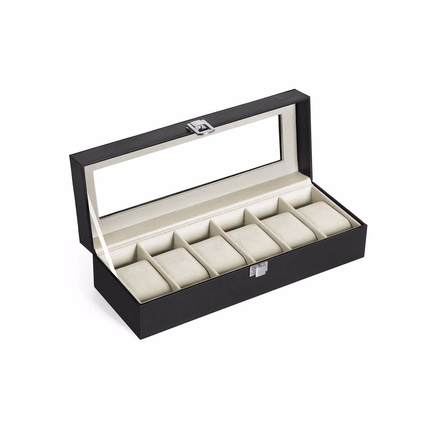 Portaorologi con 6 Scomparti in Velluto, Superficie in PU Nera + Interno Verde-beige