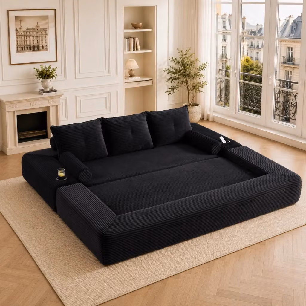 Divano letto moderno REDOM in tessuto a coste nero con funzione letto e portabicchieri L: 232 cm, P: 98 cm, H: 80 cm – 2