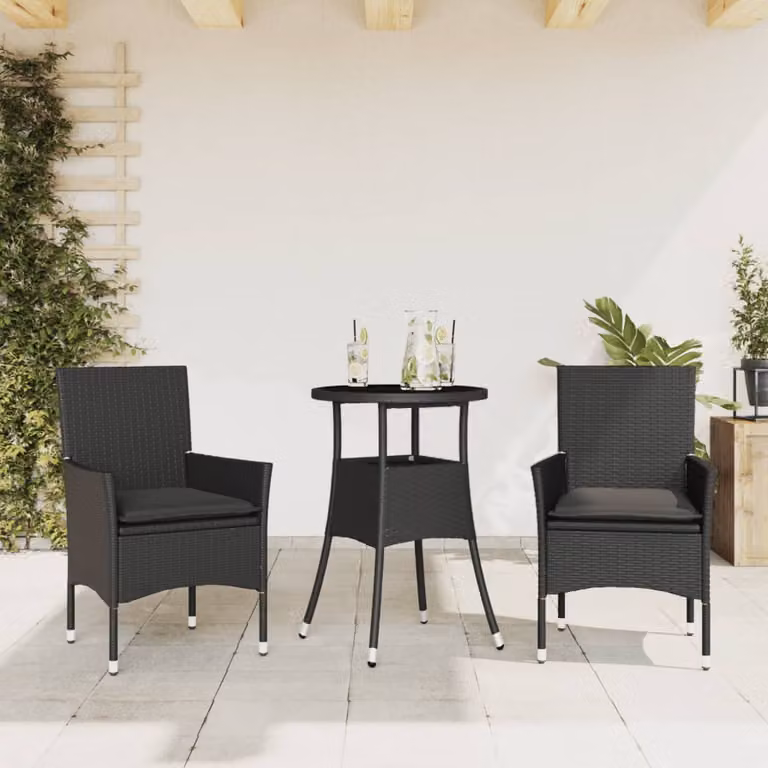 Set da Pranzo da Giardino 3 pz vidaXL in Polyrattan Nero con Vetro e Cuscini