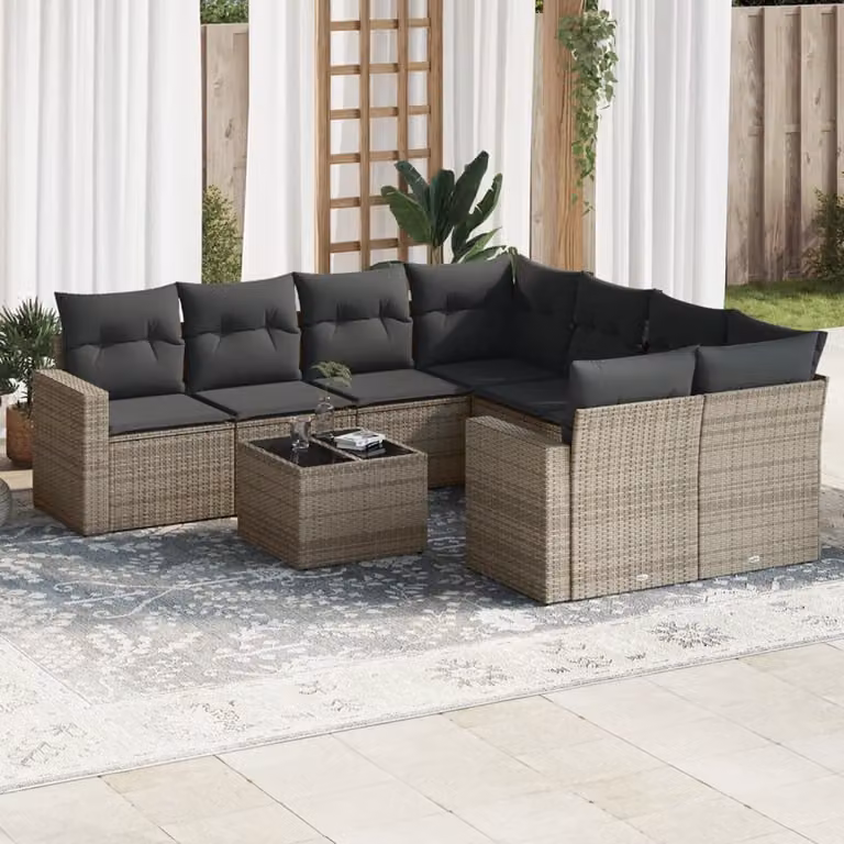 vidaXL Set Divano da Giardino 9 pz a L in Polyrattan Grigio con Cuscini e Tavolino da Esterno