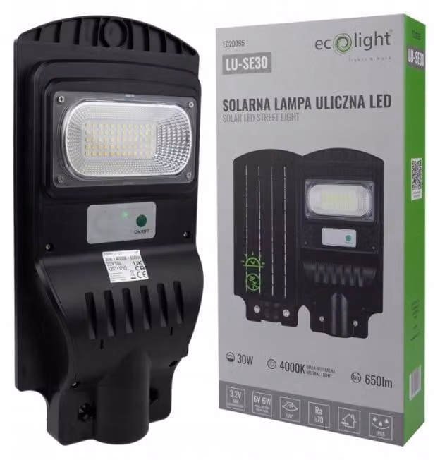 Lampione stradale a energia solare con sensore LED da 30 W, luce neutra, 650 lm, Ecolight EC20095