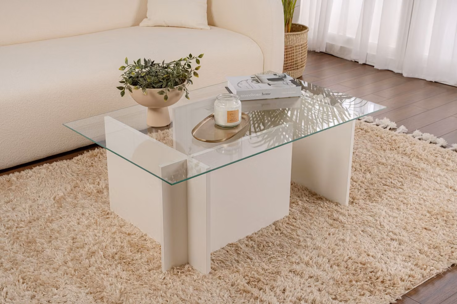 Skye Decor, Vetrino - Legno bianco, tavolino, 100 % vetro temperato, legno bianco, 105 x 65 x 40 cm