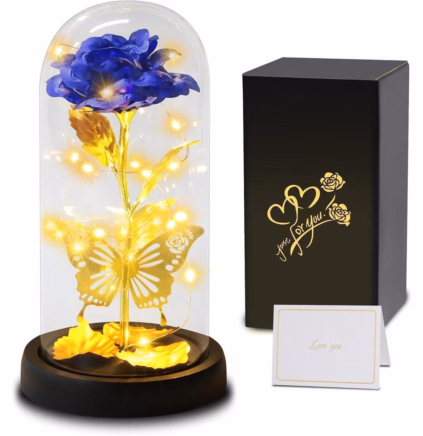 Rosa infinita in vetro con luce, "La Bella e la Bestia", rosa galassica con farfalla 3D, regalo di fiori eterni per donne, colore blu