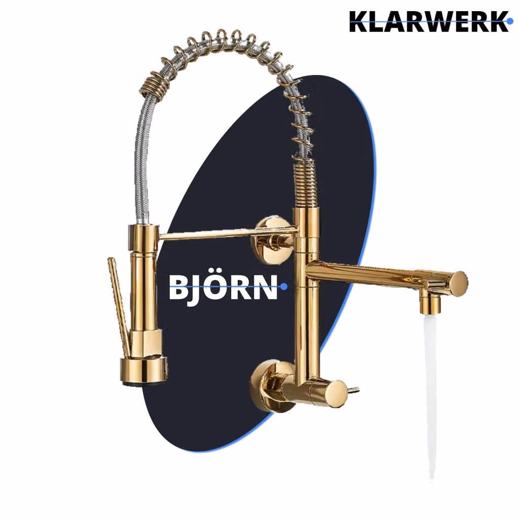Rubinetto da cucina professionale Klarwerk in acciaio inox oro con beccuccio girevole e funzione spray per lavello, montaggio a parete – 2