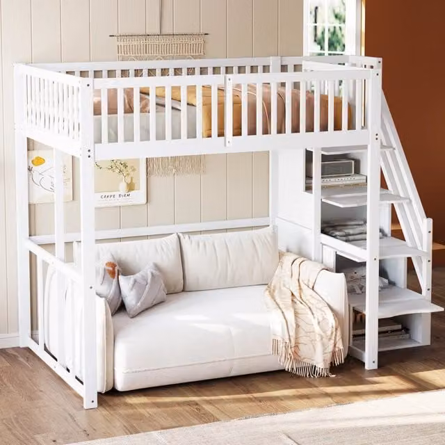 Letto a soppalco MIVRAY bianco con scala contenitore, barriera di protezione e 15 doghe in legno, L/P/H: 200 x 140 x 180,5 cm