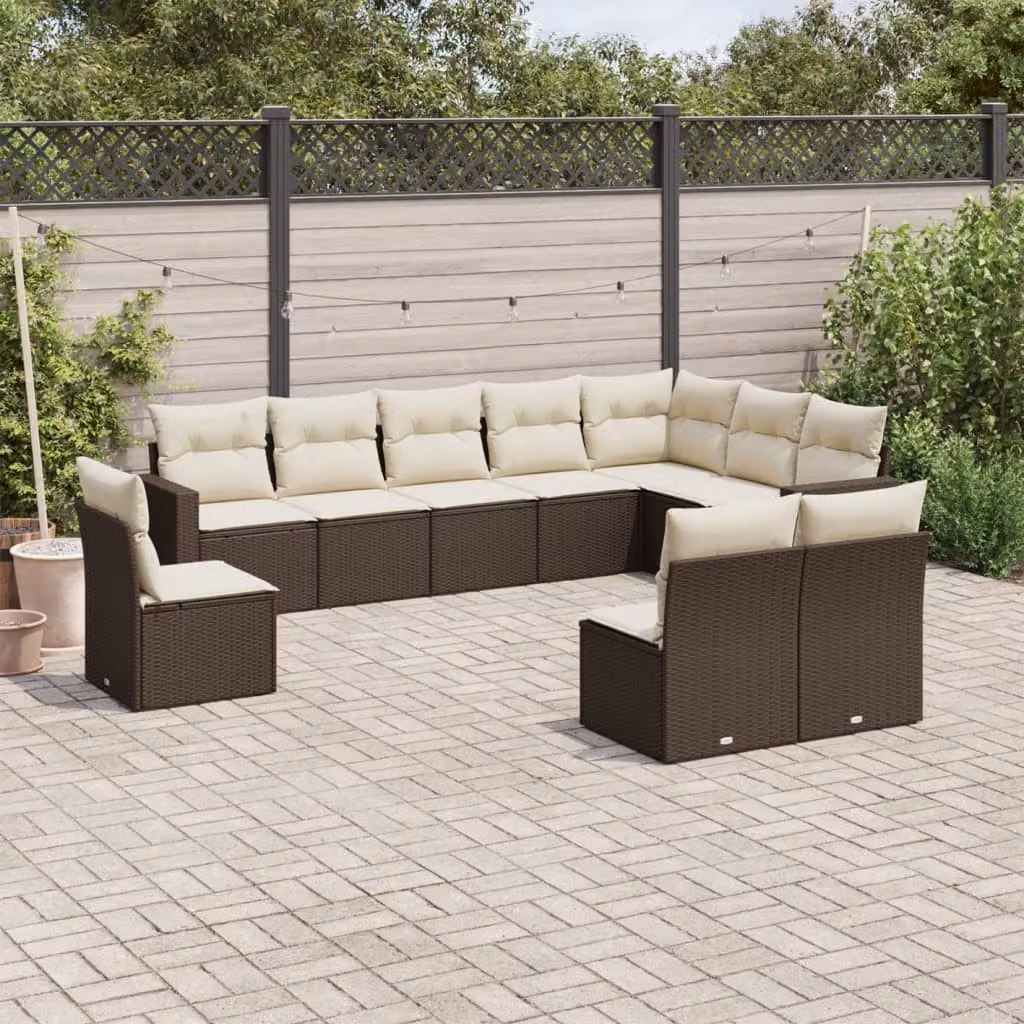 vidaXL Set Divani da Giardino 10 Pezzi in Polyrattan Marrone con Cuscini Imbottiti e Rivestimenti Rimovibili – 1
