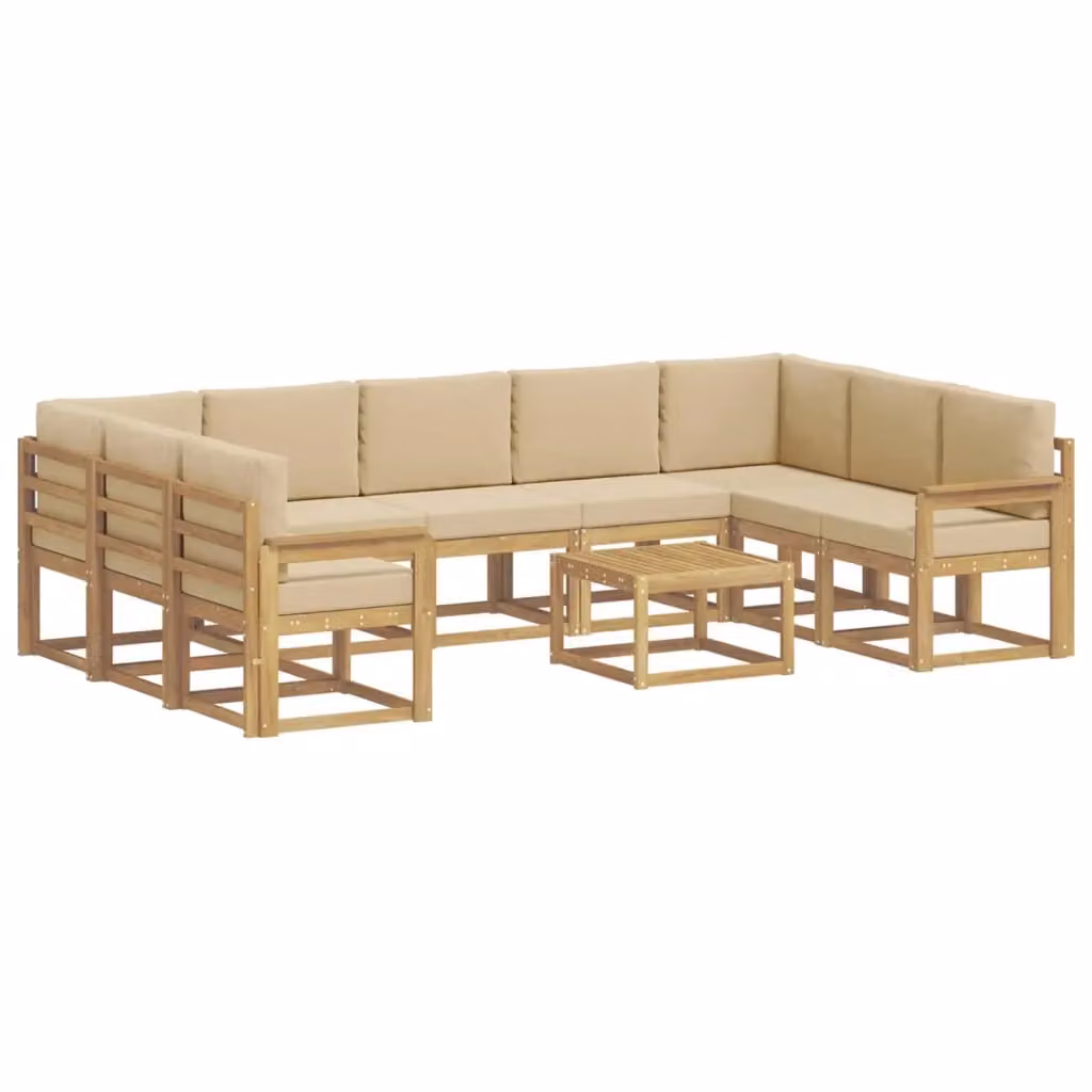 Set di divani da esterno a forma di U vidaXL in legno di acacia con cuscini, Bianco, Beige e Marrone – 2