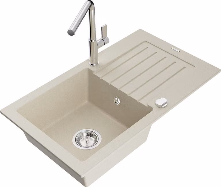Mexen Pablo lavello da cucina in granito ad 1 vasca con scolapiatti e rubinetto Flora, beige - 6510-69-670401-00