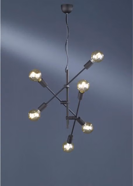 Lampada a sospensione vintage Cross Trio Leuchten con 6 luci orientabili in metallo nero opaco e vetro trasparente