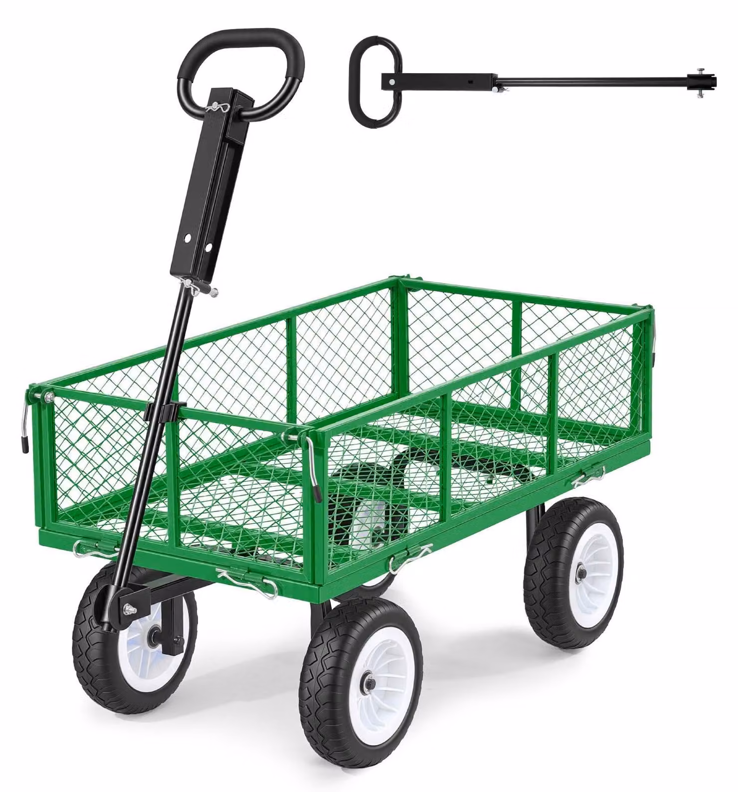 Carrello da trasporto - Carrello da giardino - Portata 408,2 kg - Telaio in acciaio - Ruote inPoliuretano- Maniglia regolabile - Pareti laterali rimovibili - Agganciabile a quad/trattore - Verde