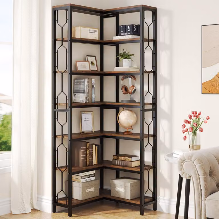 Scaffale a 7 ripiani, struttura in legno e metallo, stile rustico, colore marrone