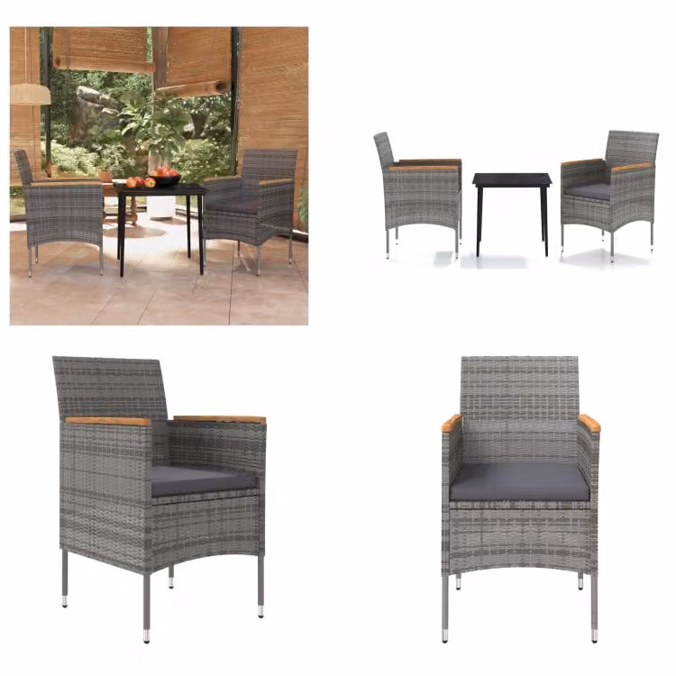vidaXL Set da pranzo da giardino 3 pezzi con cuscini grigio e nero - Set da pranzo da giardino - Set da pranzo da giardino - Set di mobili da giardino - Set di mobili da giardino