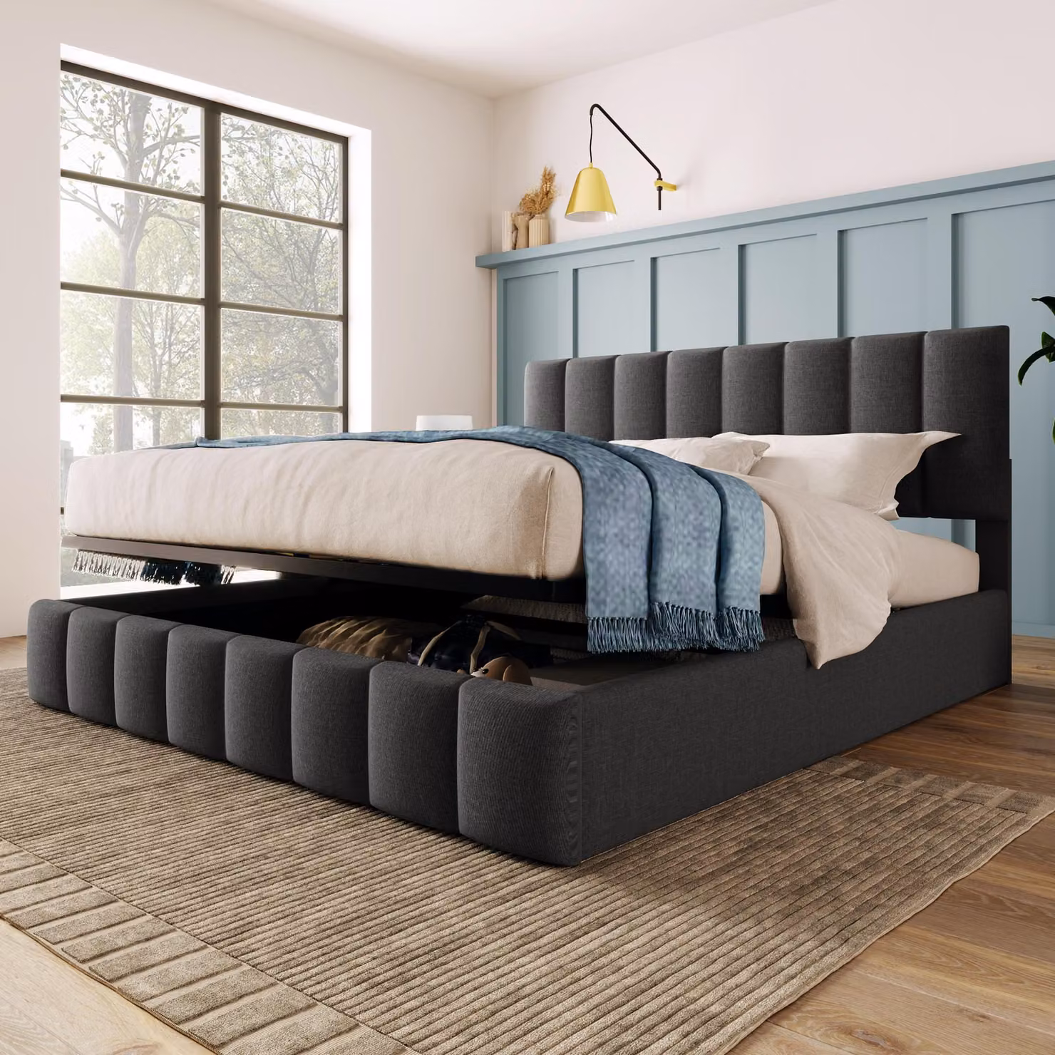 Letto imbottito Flieks 140x200cm, letto a molle con rete a doghe, letto per ragazzi con contenitore, letto matrimoniale con contenitore, grigio