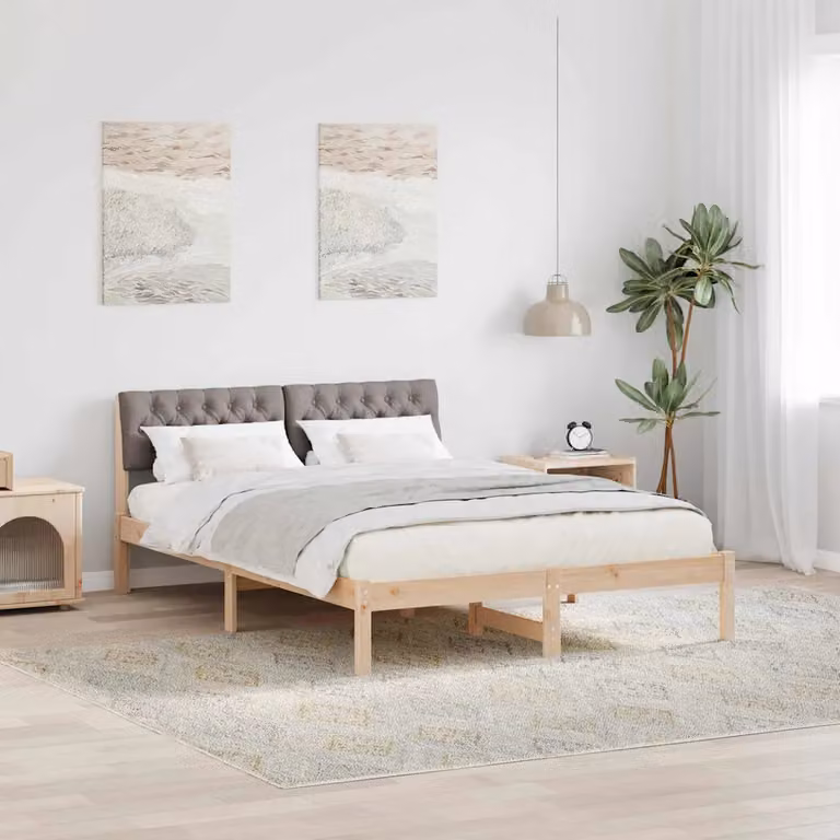 Struttura del letto moderna vidaXL con testiera in tessuto e legno di pino, Marrone e Beige, L/P/H: 140 x 200 x 78,5 cm