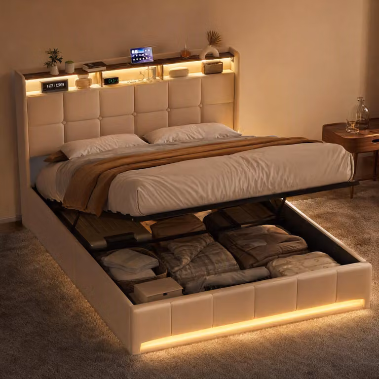 Letto imbottito ProximaX 140x200 cm in tessuto di lino beige, letto contenitore pneumatico con illuminazione a LED e stazione di ricarica USB
