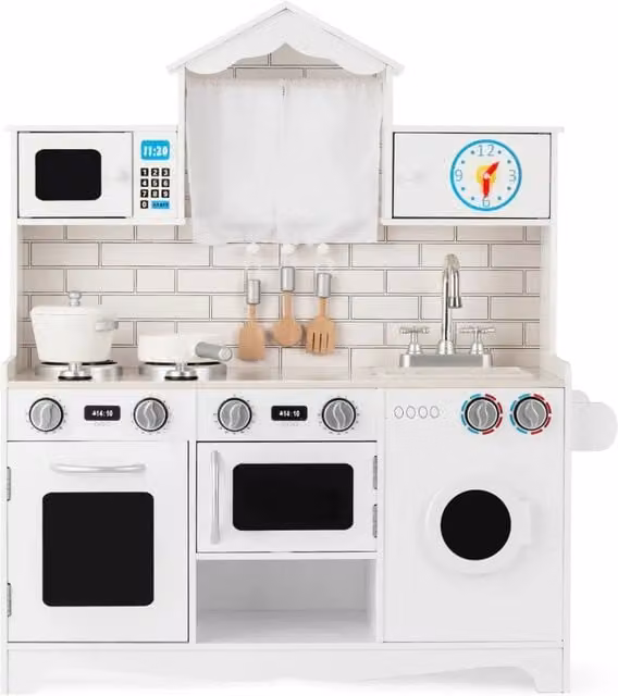 Cucina giocattolo per bambini con accessori e spazio di archiviazione in MDF bianco, L 78 cm x P 29 cm x H 93 cm
