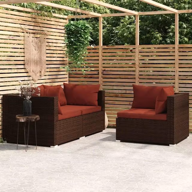 Salotto da Giardino-Set Divani da Giardino con Cuscini 3 pz in Polyrattan Marrone