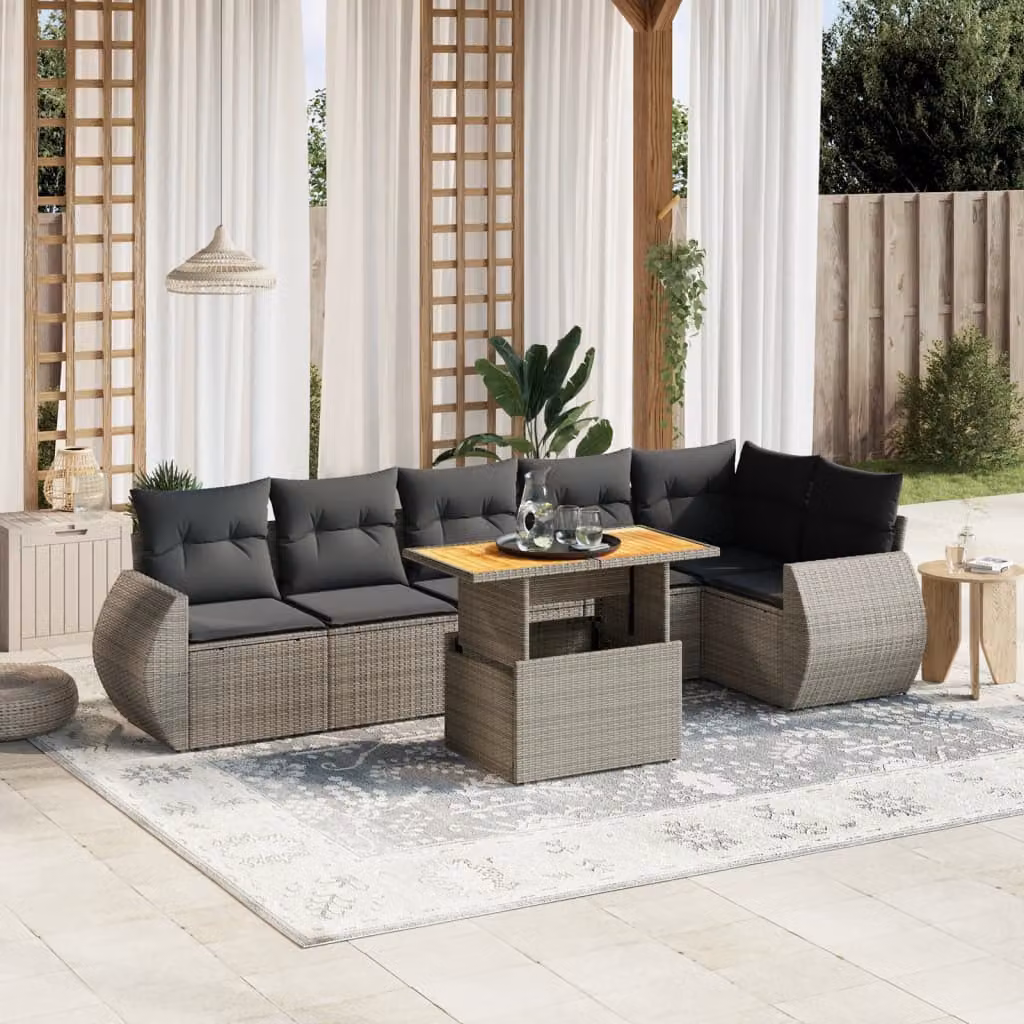vidaXL Set Divani da Giardino 7 pz a Forma a L in Polyrattan Grigio con Cuscini e Tavolino – 1