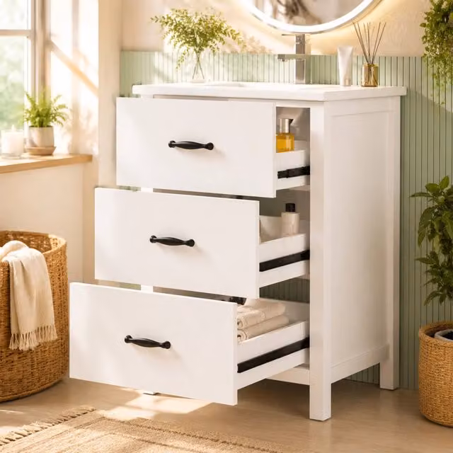 Lavabo da appoggio in ceramica bianca monoblocco, 61x47x83 cm, completamente laccato, con 3 cassetti e guide silenziose