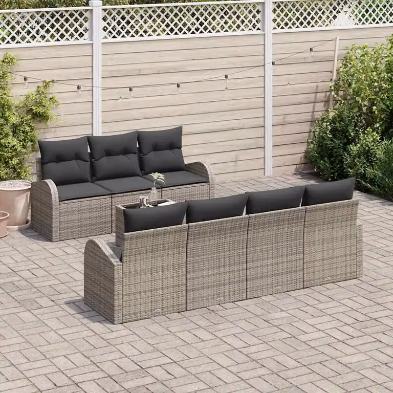vidaXL Set Divano da Giardino 8 Pezzi a Forma di U Grigio con Tavolino e Cuscini in Polyrattan e Acciaio