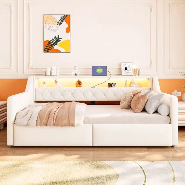 Letto divano 90 × 200 cm con contenitore idraulico, LED, USB e Type C, senza materasso, beige moderno