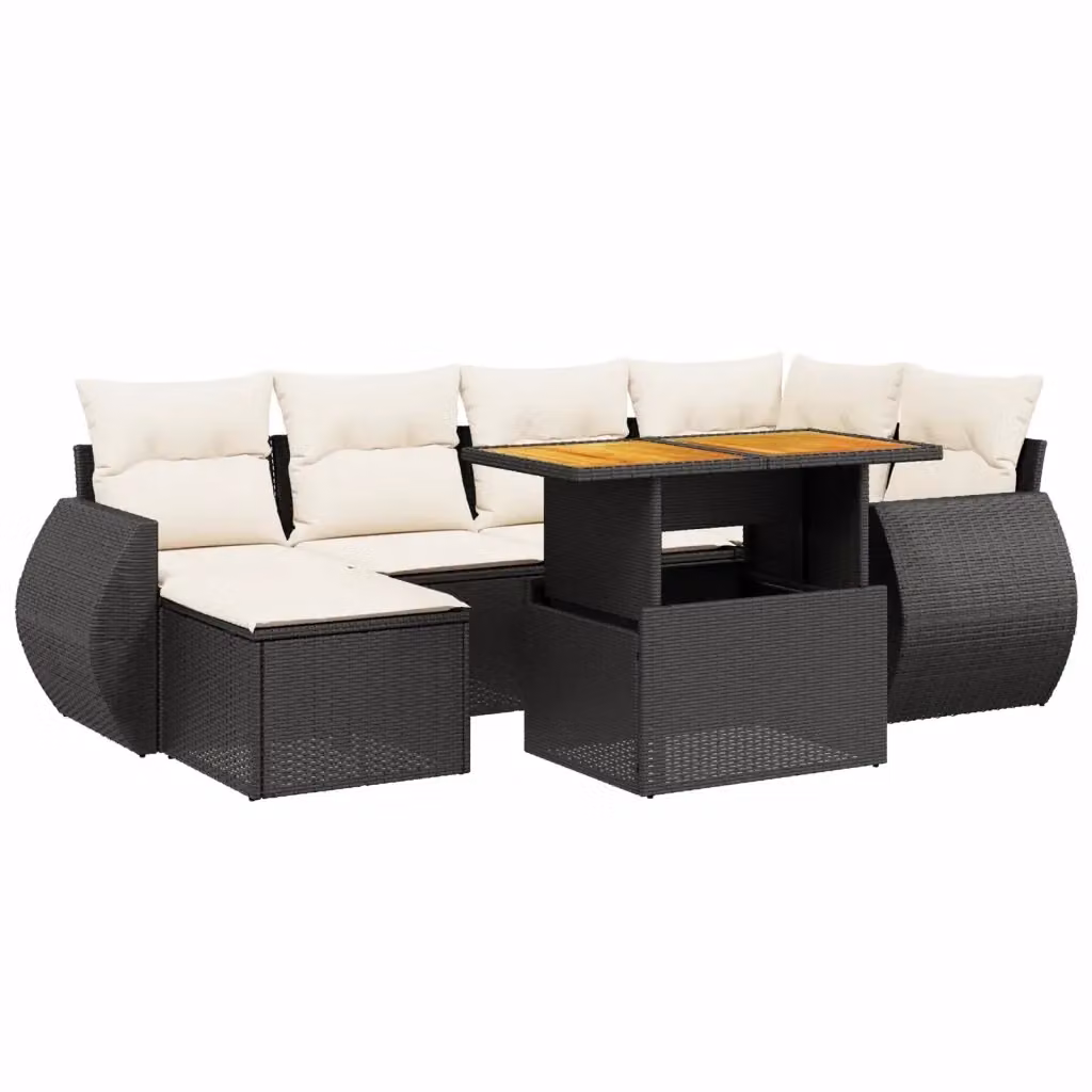 Set da giardino moderno vidaXL composto da 7 pezzi con cuscini in polyrattan nero e tavolo da caffè in legno di acacia – 2