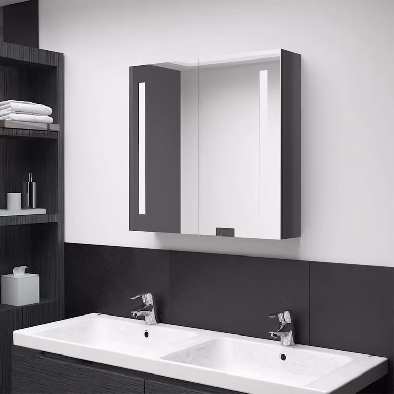 Armadietto da bagno moderno vidaXL con specchio e illuminazione LED, Grigio Lucido, L: 62 cm, P: 14 cm, H: 60 cm