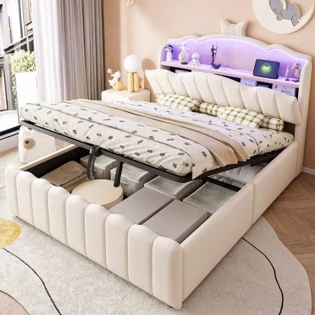 Letto imbottito per bambini 140 x 200 cm con contenitore idraulico; LED e prese USB; beige
