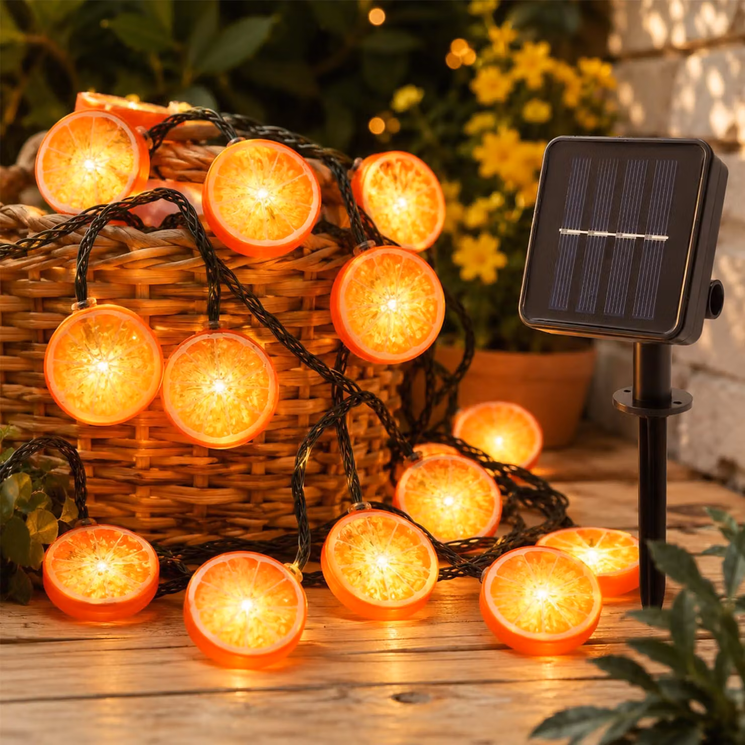 Catena luminosa solare, arancione, 5 metri, 20 LED, con decorazioni a forma di fette di limone, 8 modalità di illuminazione