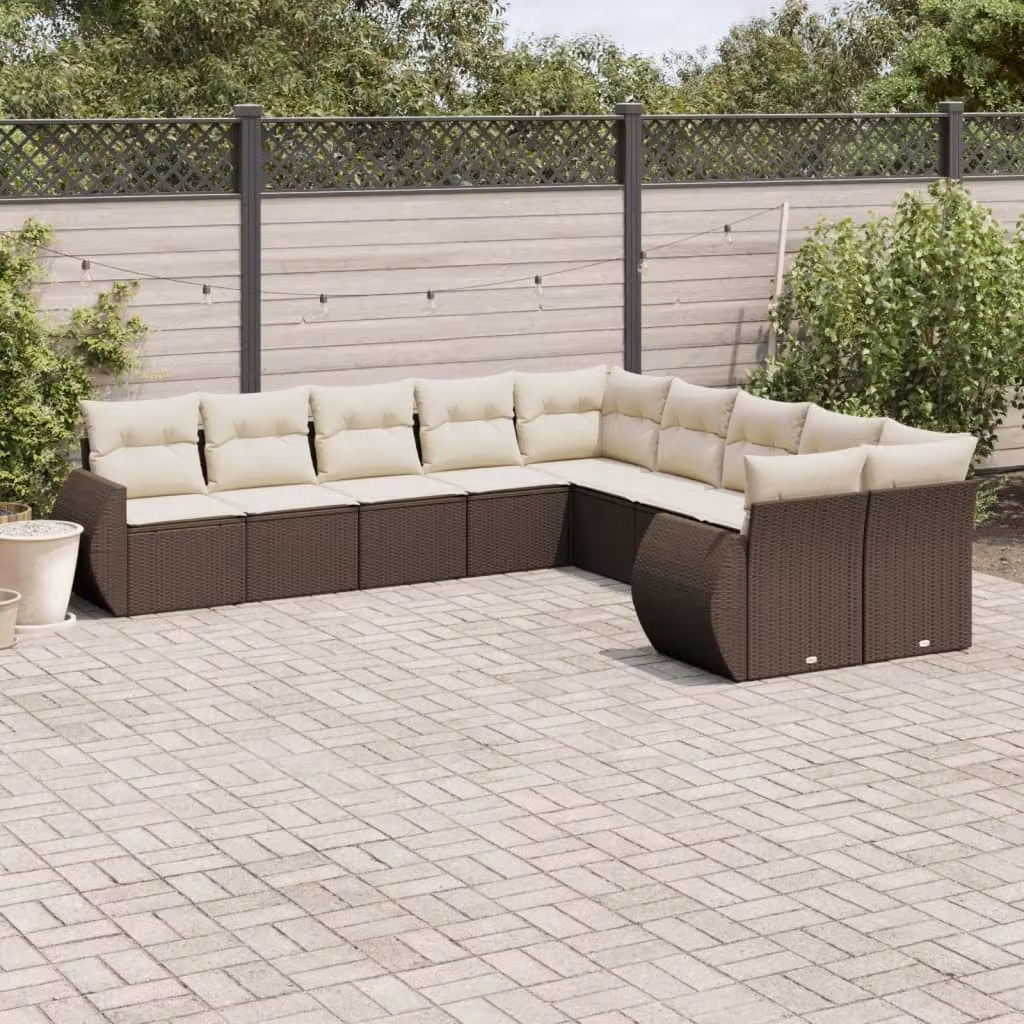 Set di divani da giardino vidaXL in polyrattan marrone con cuscini bianchi e struttura in acciaio rivestito in polvere – 1